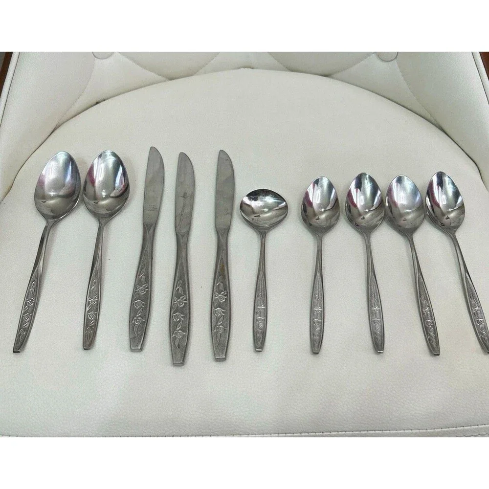 Vintage! EKCO Eterna Rose Cotillion Stainless Flatware Set 10pc Knife & Spoon